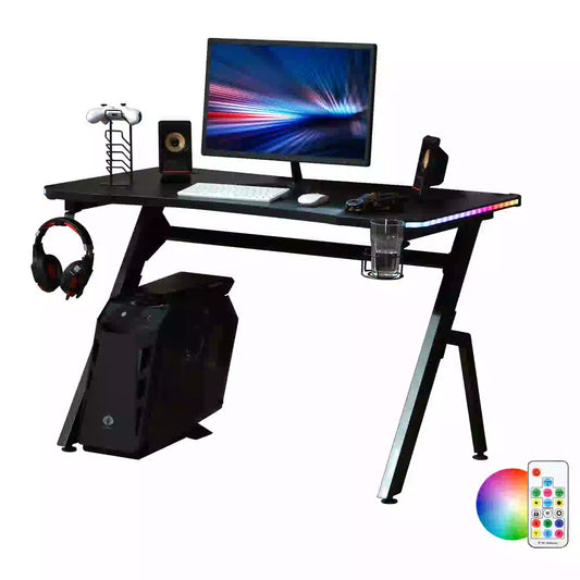 Gaming Desk Racing Style Home Office Ergonomic Computer Table Workstation with RGB LED Lights in Black | HOMCOM-0