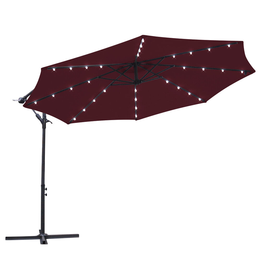 3M LED Patio Garden Banana Hanging Umbrella Sun Shade Cantilever Parasol Wine