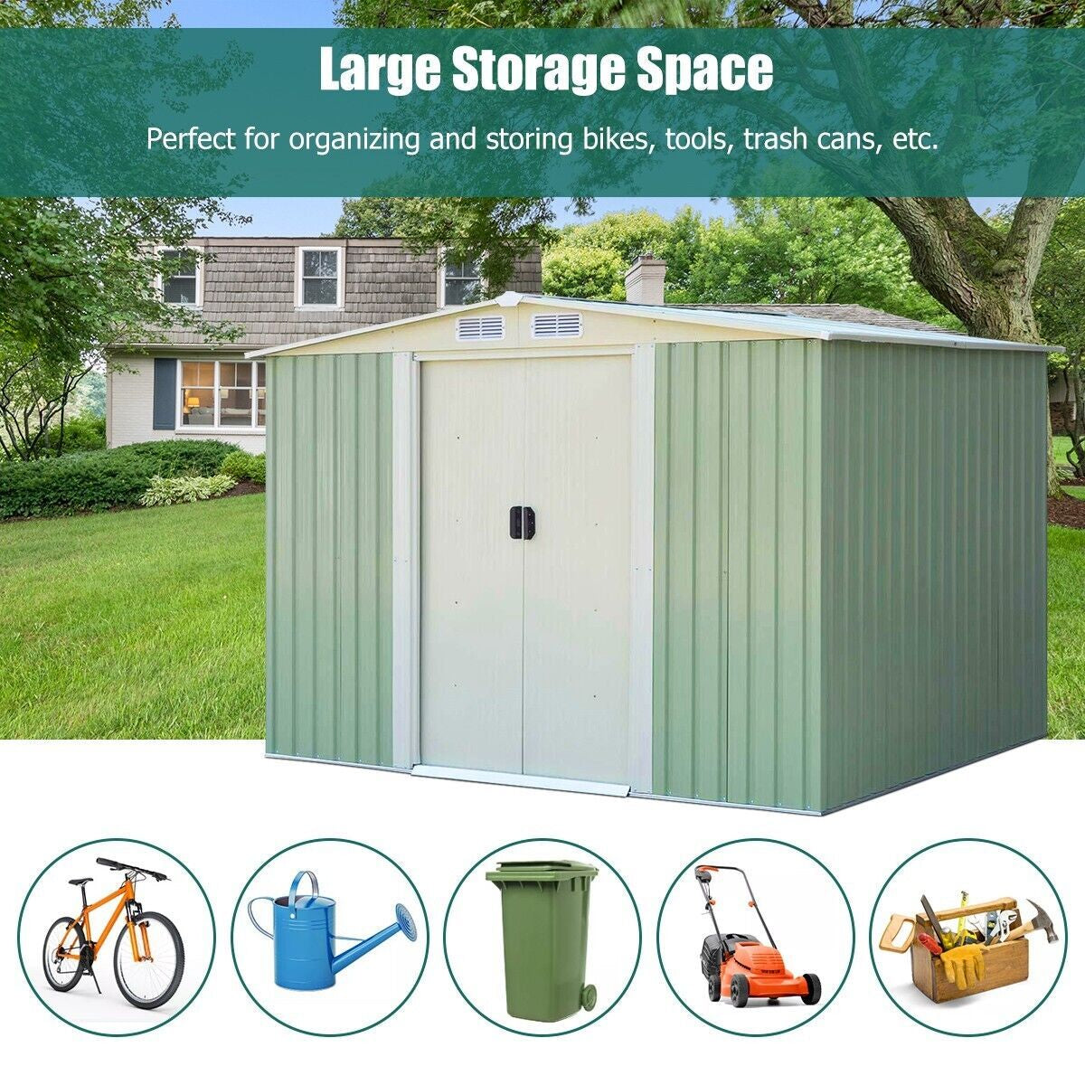 Metal Storage Shed with Sloping Roof Sliding Doors and Air Vents