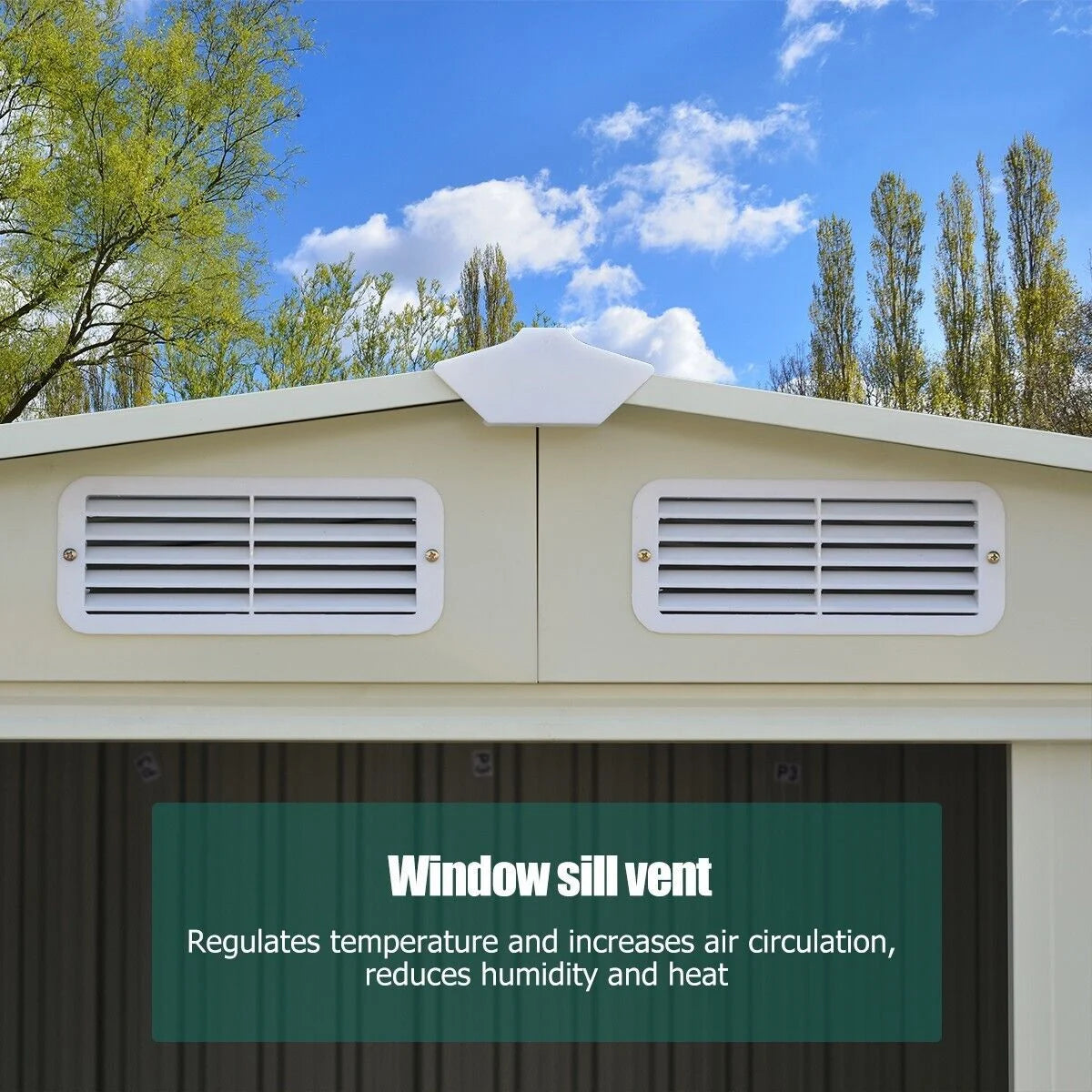 Metal Storage Shed with Sloping Roof Sliding Doors and Air Vents