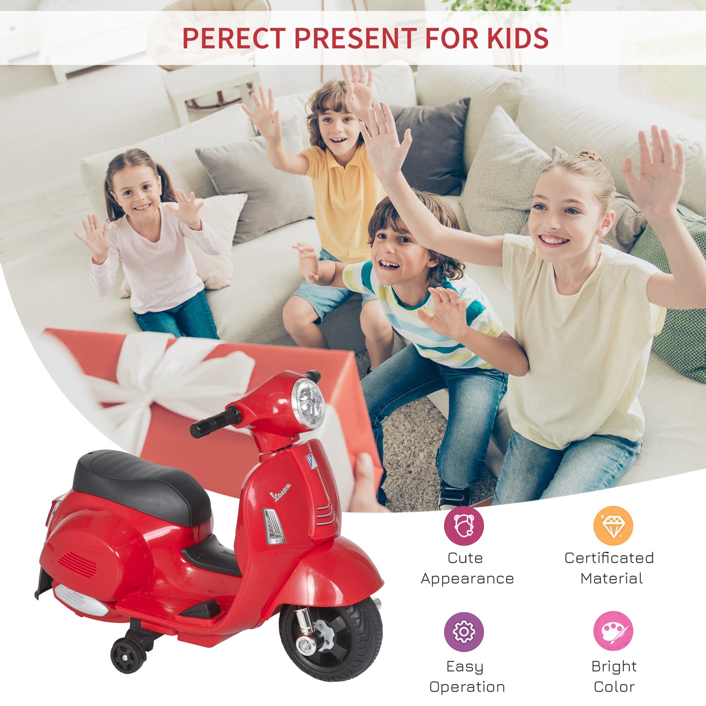 Vespa Licensed Kids Ride On Motorcycle 6V Battery Powered Electric Trike Toys for 18-36 Months with Horn Headlight Red | HOMCOM