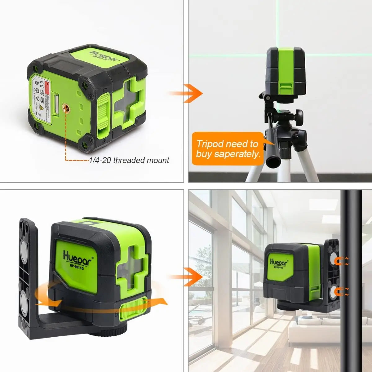9011G 2 Lines Laser Level Self Levelling (4 Degrees) Green Beam Laser Horizontal & Vertical Cross-Line with Magnetic Base