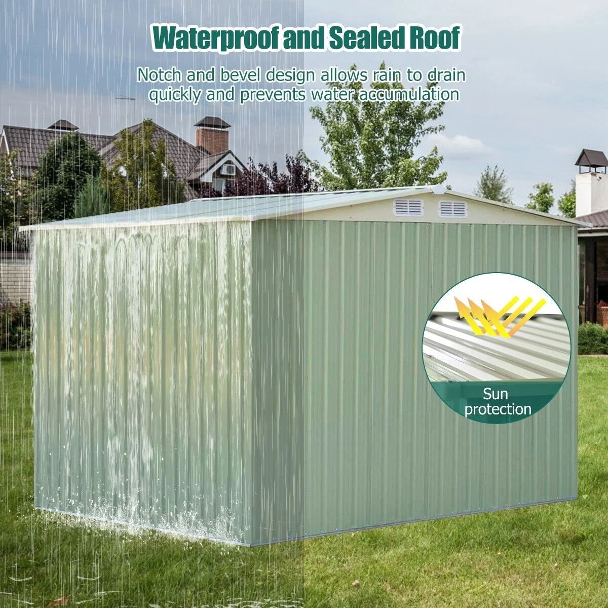Metal Storage Shed with Sloping Roof Sliding Doors and Air Vents