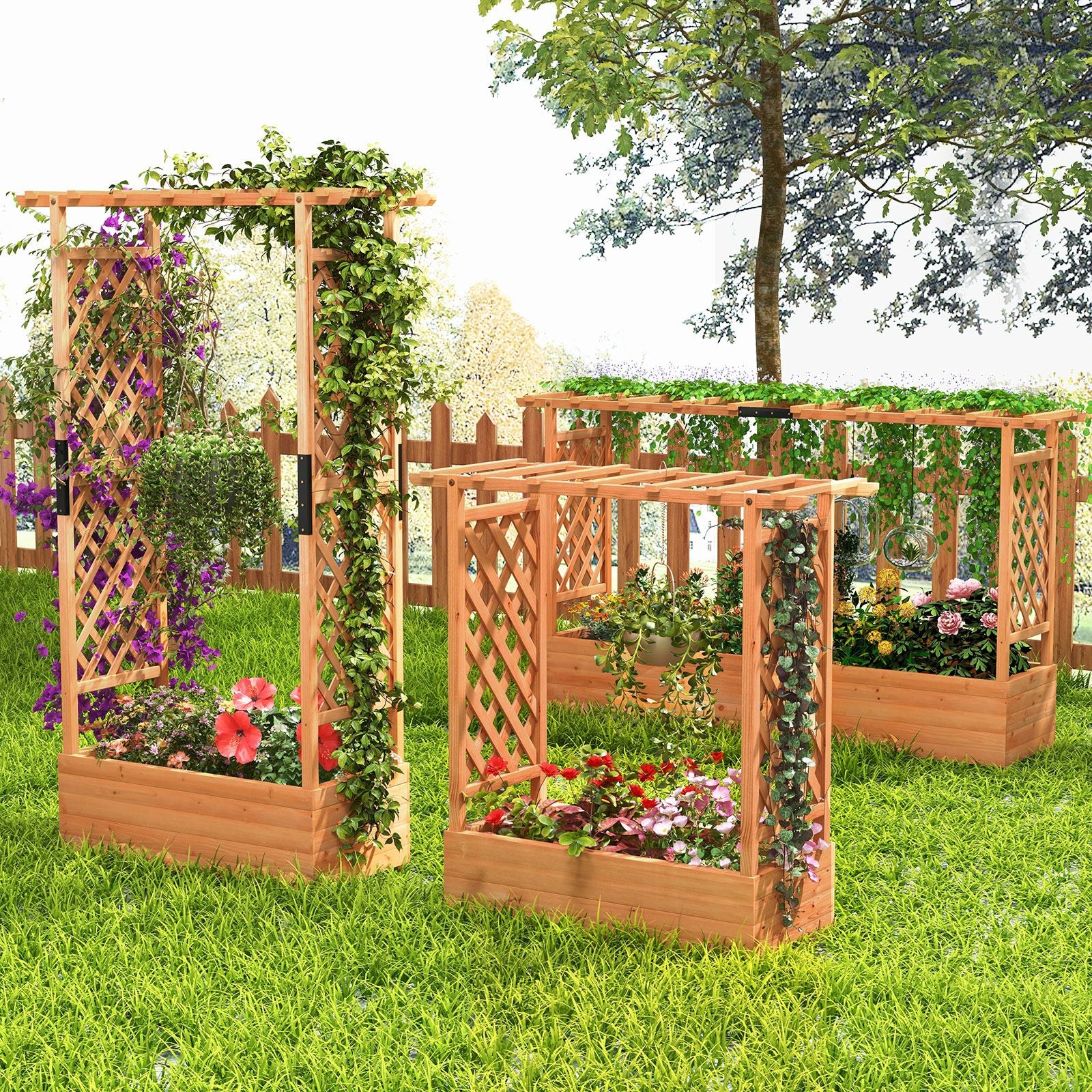 Raised Garden Bed with 2-Sided Trellis and Hanging Roof