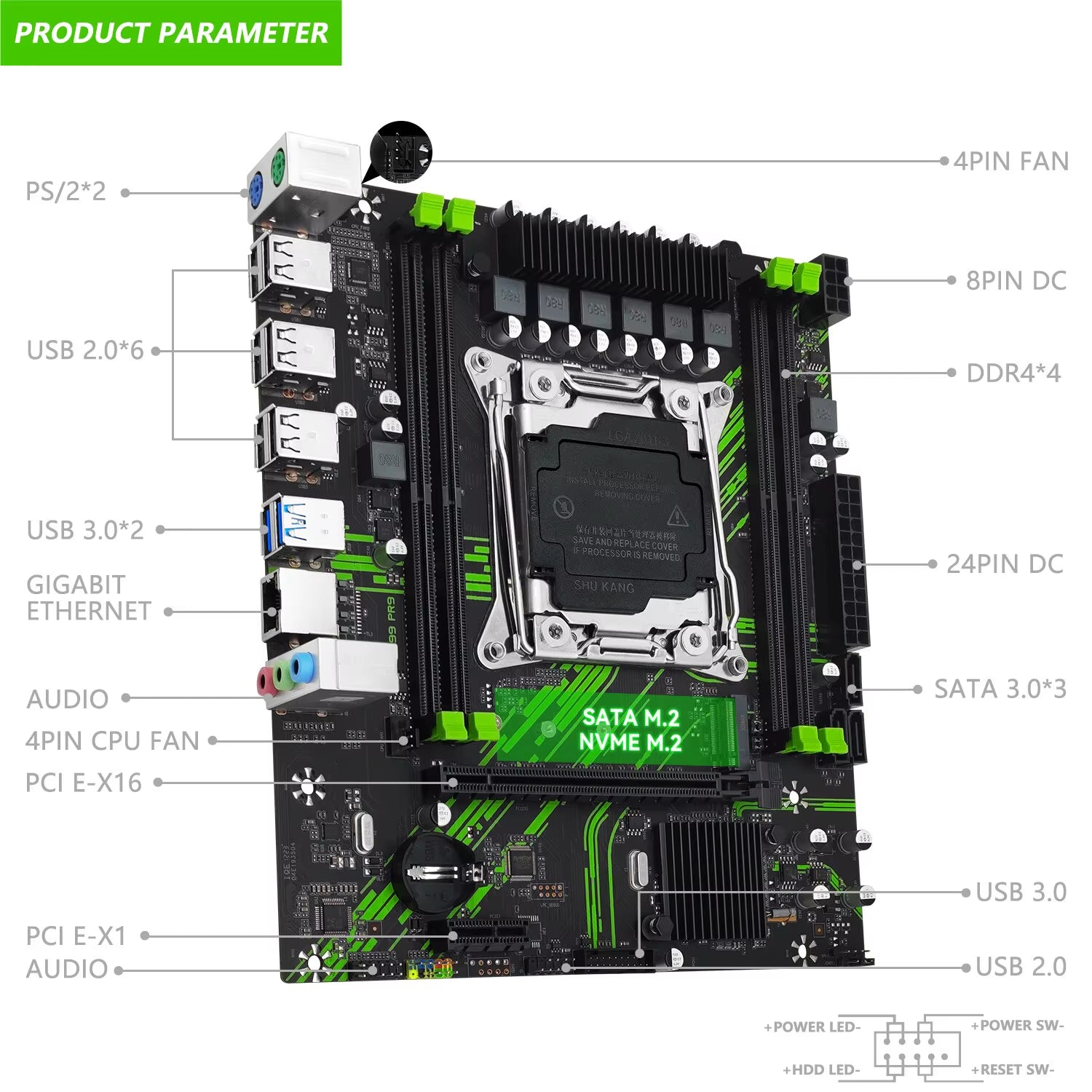 X99 Motherboard X99 PR9 Support LGA 2011-3 Intel Xeon E5 V3&V4 CPU DDR4 RAM SATA/NVME M.2 Slot