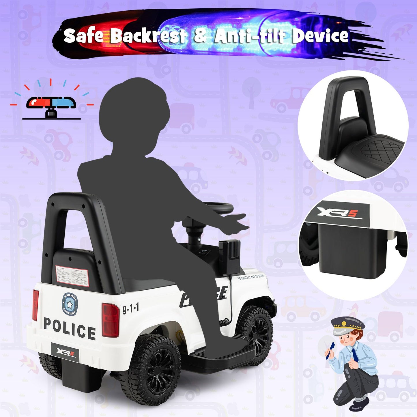 6V Kids Ride on Police Car with Side Megaphone