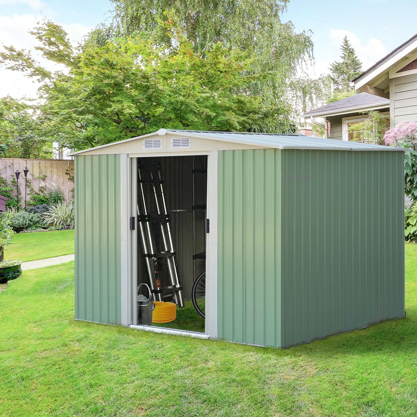 Metal Storage Shed with Sloping Roof Sliding Doors and Air Vents