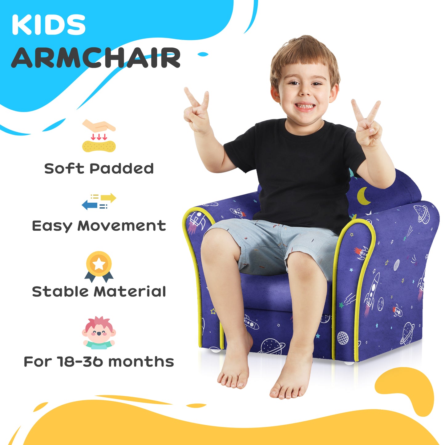 Kids Sofa Kids Couch Armchair with Stylish Planet and Dinosaurs Design, Wooden Frame, for Bedroom, Playroom, Kids Room, Pink | AIYAPLAY