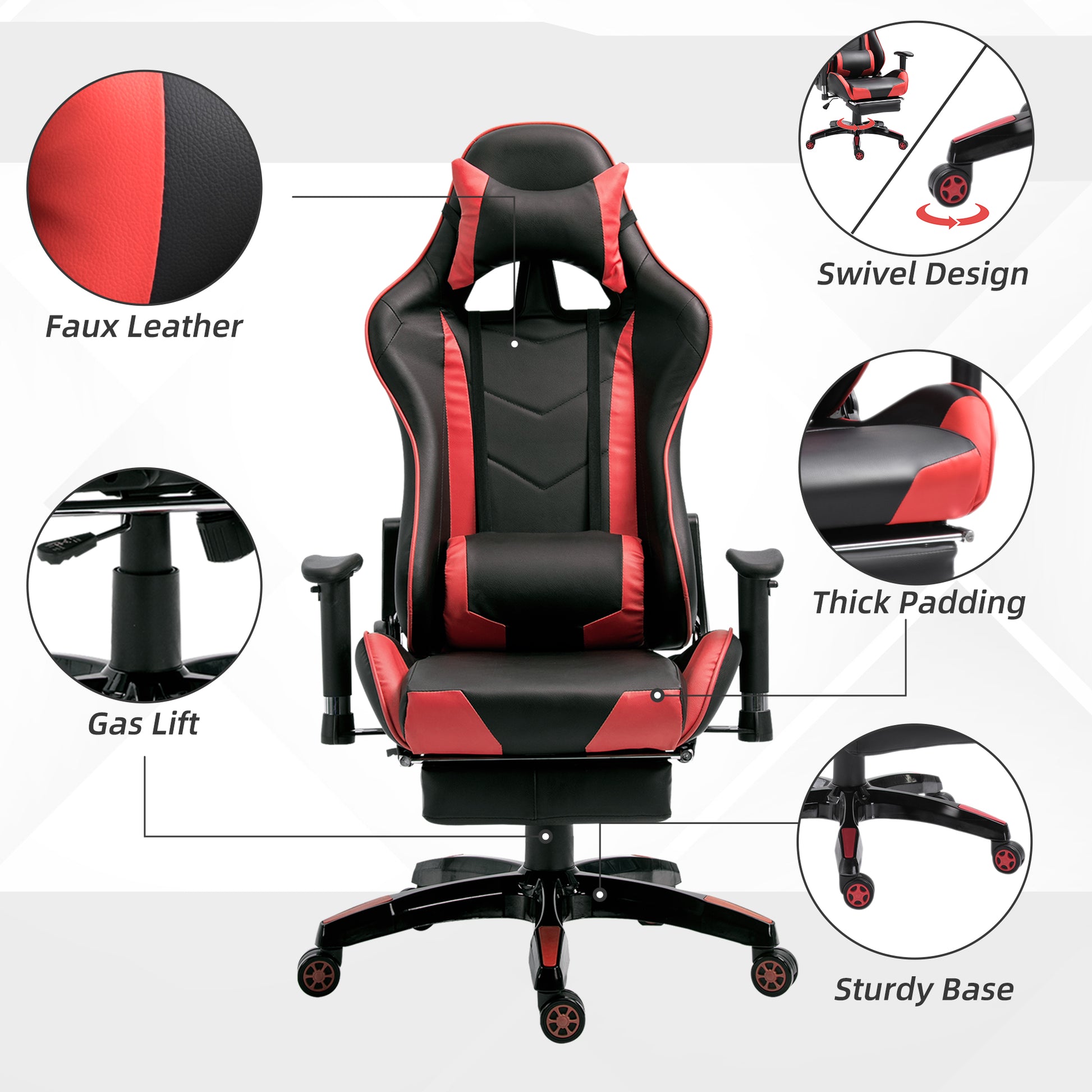 High-Back Gaming Chair Swivel Home Office Computer Racing Gamer Recliner Chair Faux Leather with Footrest, Wheels, Red Black | HOMCOM-4