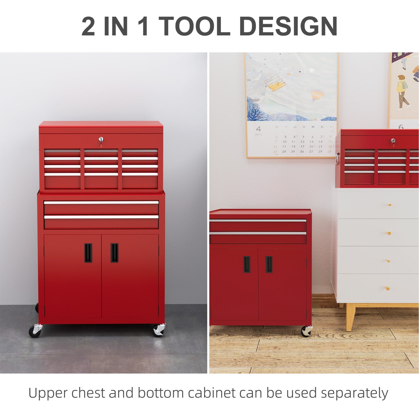 HOMCOM Portable Tool Box, Metal Tool Chest on Wheels with 6 Drawers for Garage and Workshop in Red