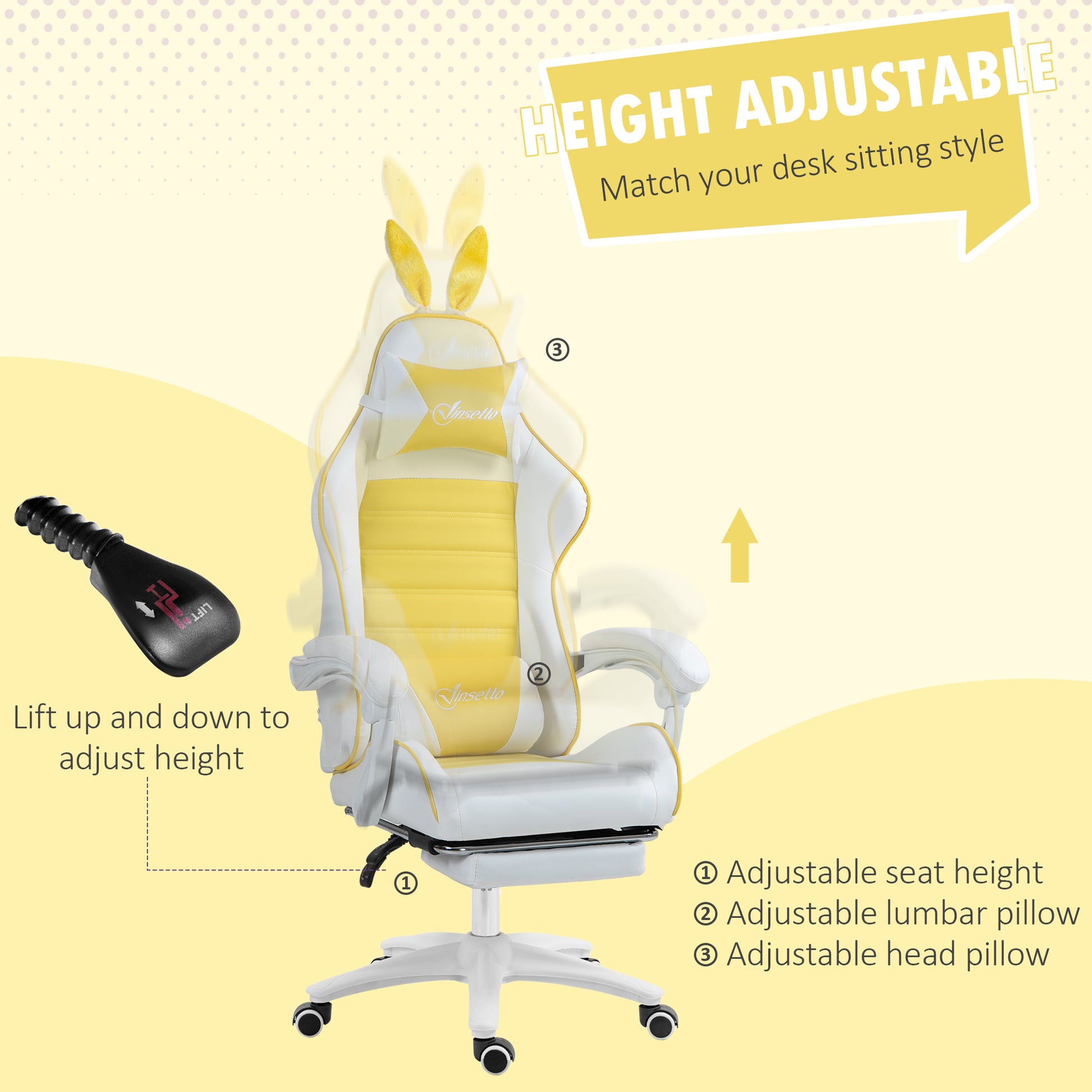 Racing Gaming Chair, Reclining PU Leather Computer Chair with Removable Rabbit Ears, Footrest, Headrest and Lumber Support, Yellow | Vinsetto-3
