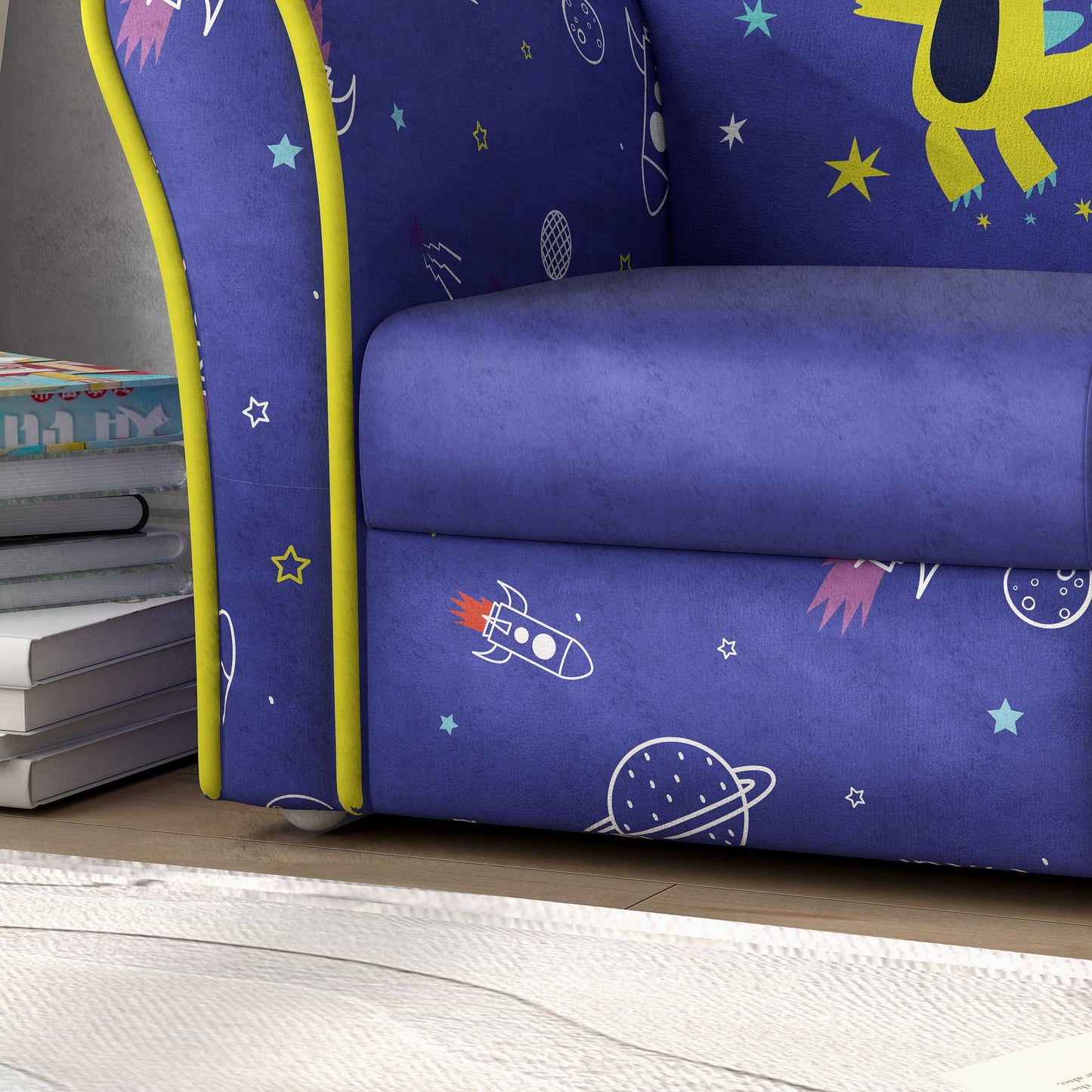 Kids Sofa Kids Couch Armchair with Stylish Planet and Dinosaurs Design, Wooden Frame, for Bedroom, Playroom, Kids Room, Pink | AIYAPLAY