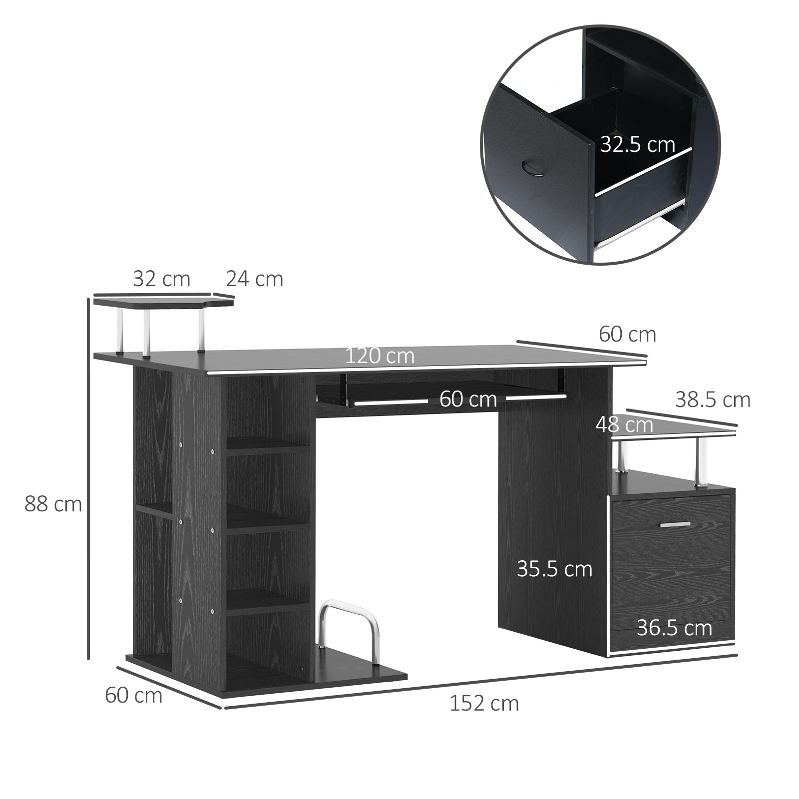 Computer Desk PC Workstation with Drawer Shelves CPU Storage Rack for Home or Office in BLACK | HOMCOM-1