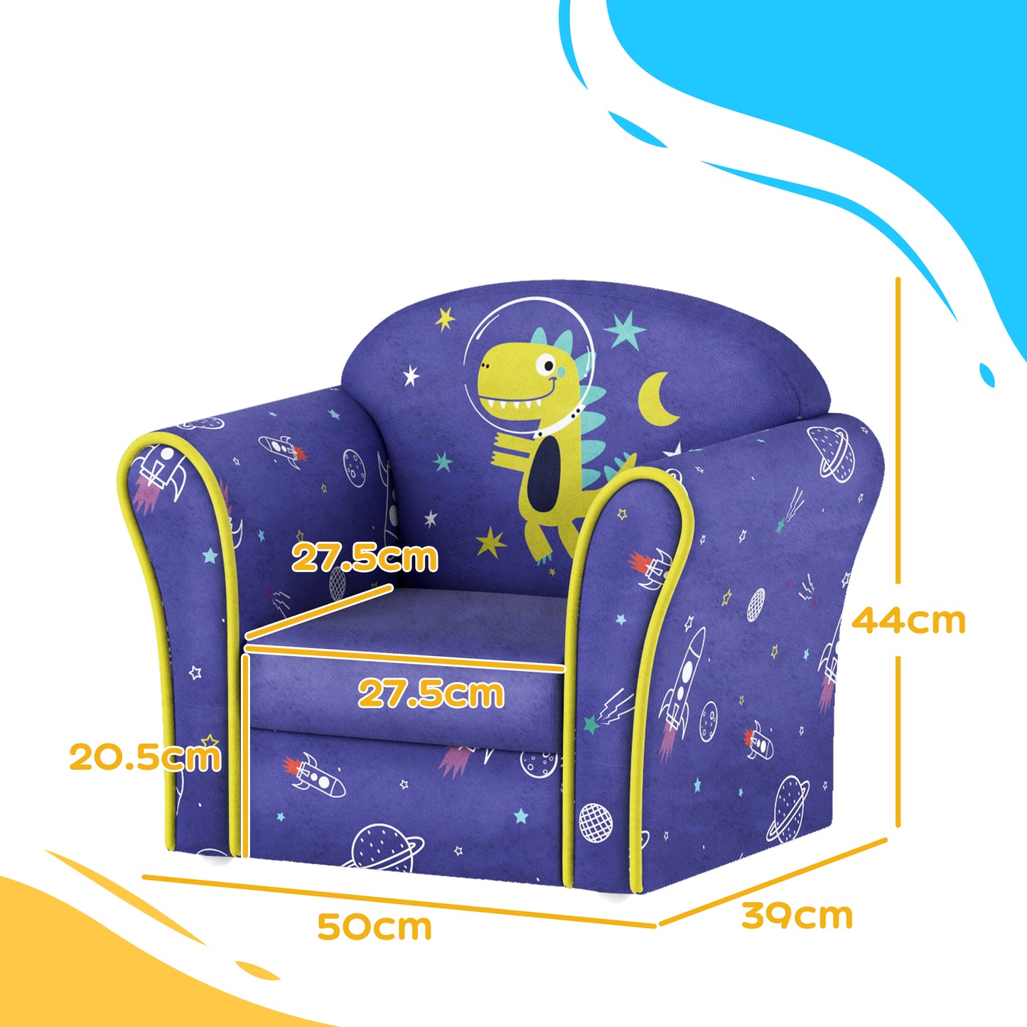 Kids Sofa Kids Couch Armchair with Stylish Planet and Dinosaurs Design, Wooden Frame, for Bedroom, Playroom, Kids Room, Pink | AIYAPLAY
