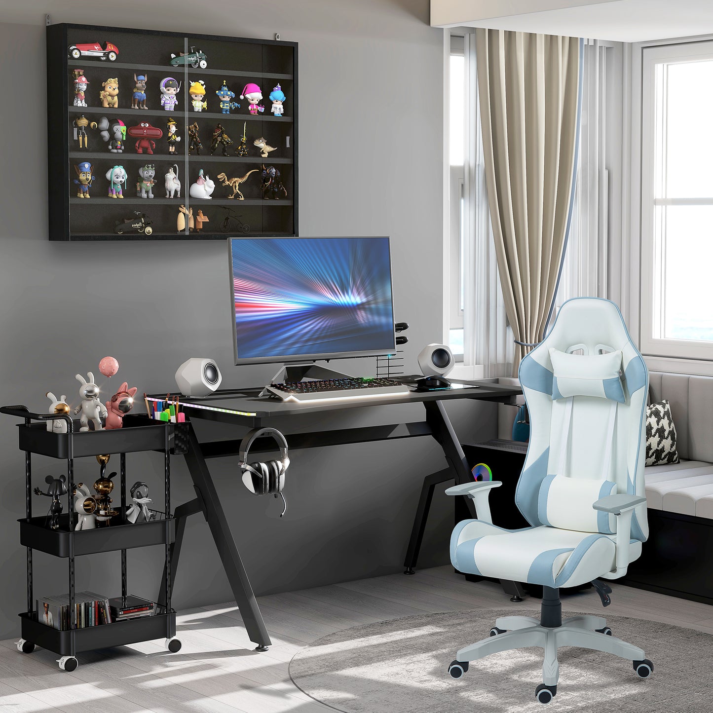 Gaming Desk Racing Style Home Office Ergonomic Computer Table Workstation with RGB LED Lights in Black | HOMCOM-7
