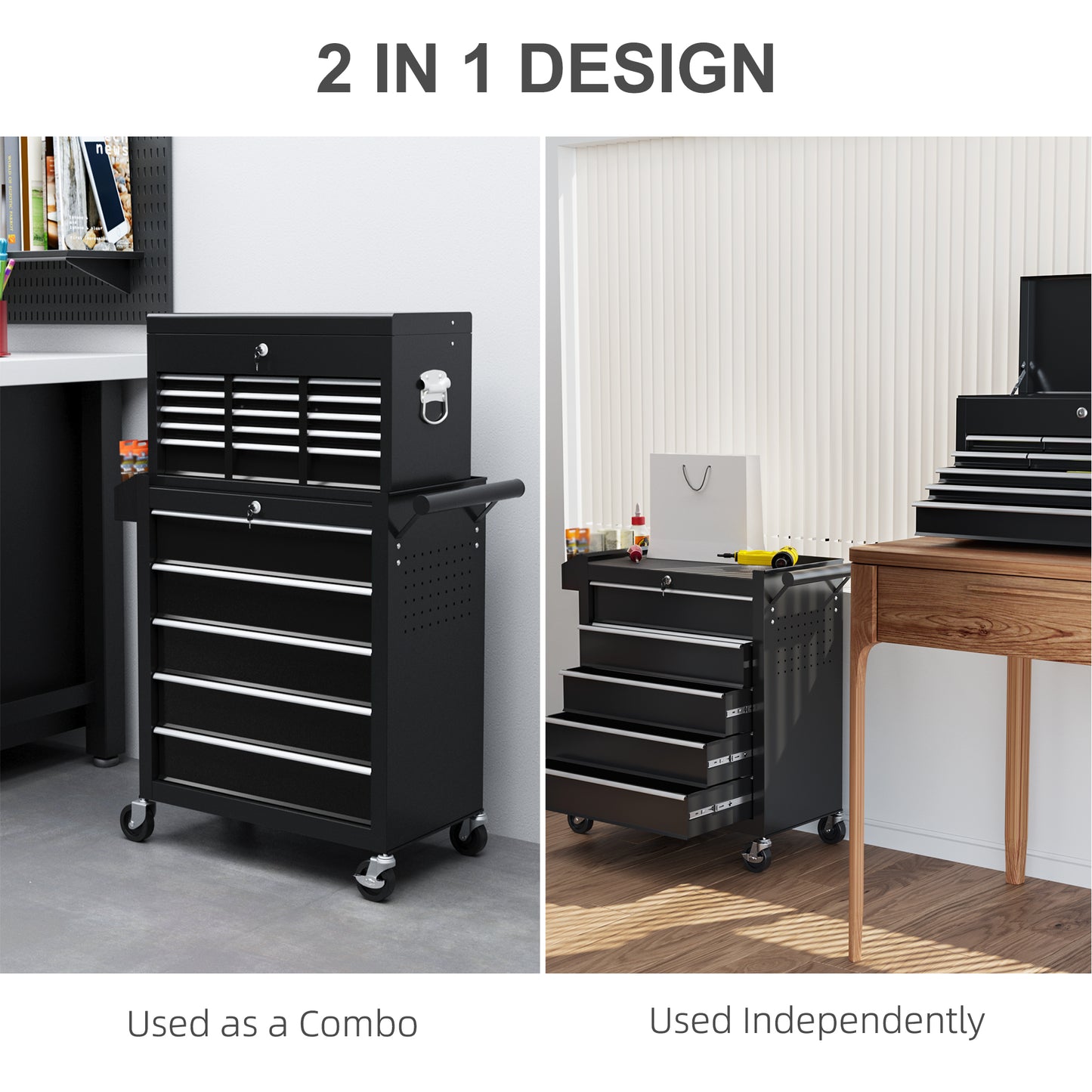 Rolling Tool Cabinet on Wheels w/ 14 Drawers, Pegboard & Side Rack, Lockable Top Tool Chest, Roller Cabinet Combo for Workshop, Home | HOMCOM