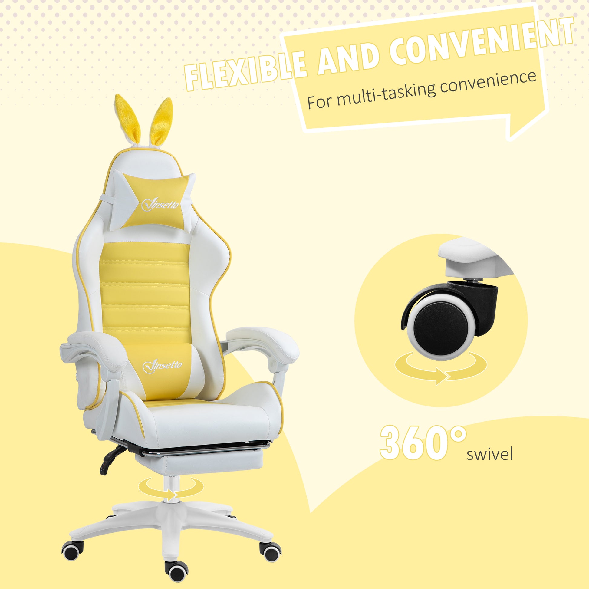 Racing Gaming Chair, Reclining PU Leather Computer Chair with Removable Rabbit Ears, Footrest, Headrest and Lumber Support, Yellow | Vinsetto-5