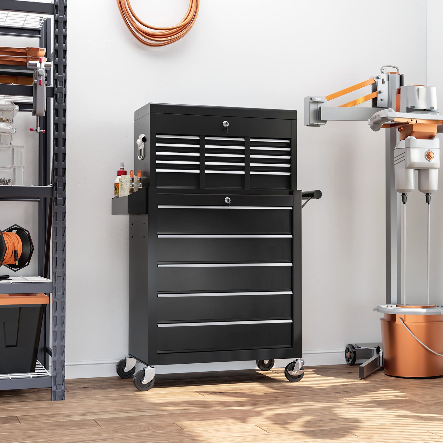 Rolling Tool Cabinet on Wheels w/ 14 Drawers, Pegboard & Side Rack, Lockable Top Tool Chest, Roller Cabinet Combo for Workshop, Home | HOMCOM