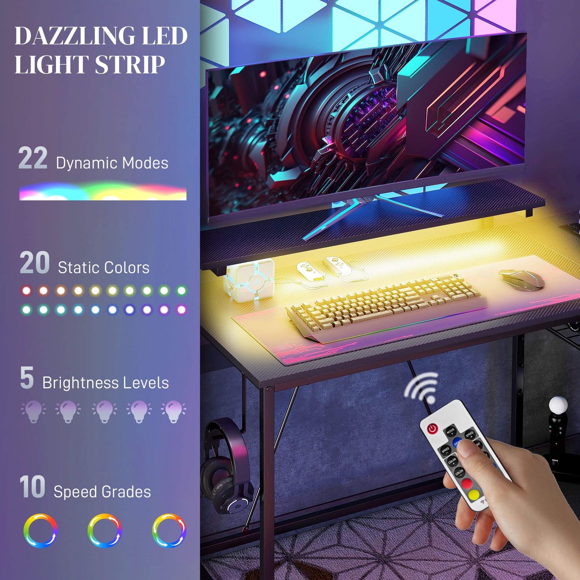 HOMCOM Reversible 'L' LED Light Gaming/Work Desk in Black-2
