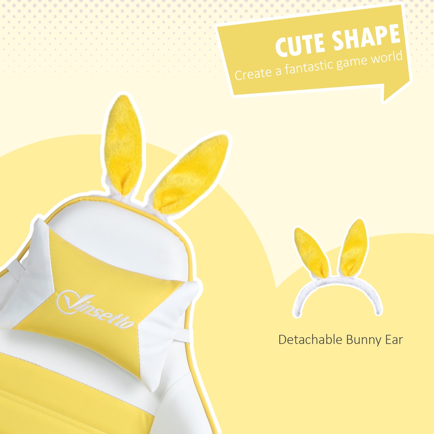 Racing Gaming Chair, Reclining PU Leather Computer Chair with Removable Rabbit Ears, Footrest, Headrest and Lumber Support, Yellow | Vinsetto-2