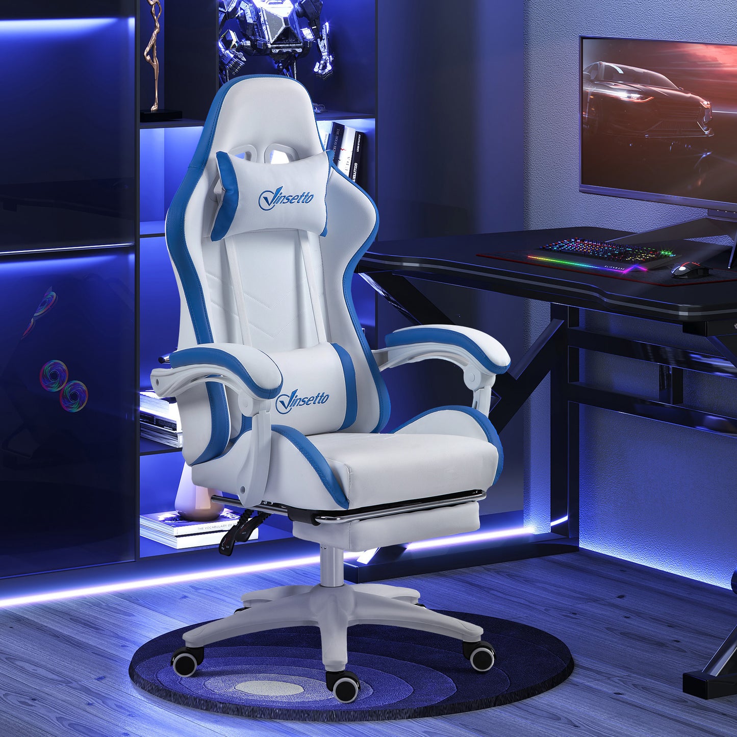 Racing Gaming Chair, Reclining PU Leather Computer Chair w/ 360° Swivel Seat, Footrest, Removable Headrest & Lumber Support in White | Vinsetto-8