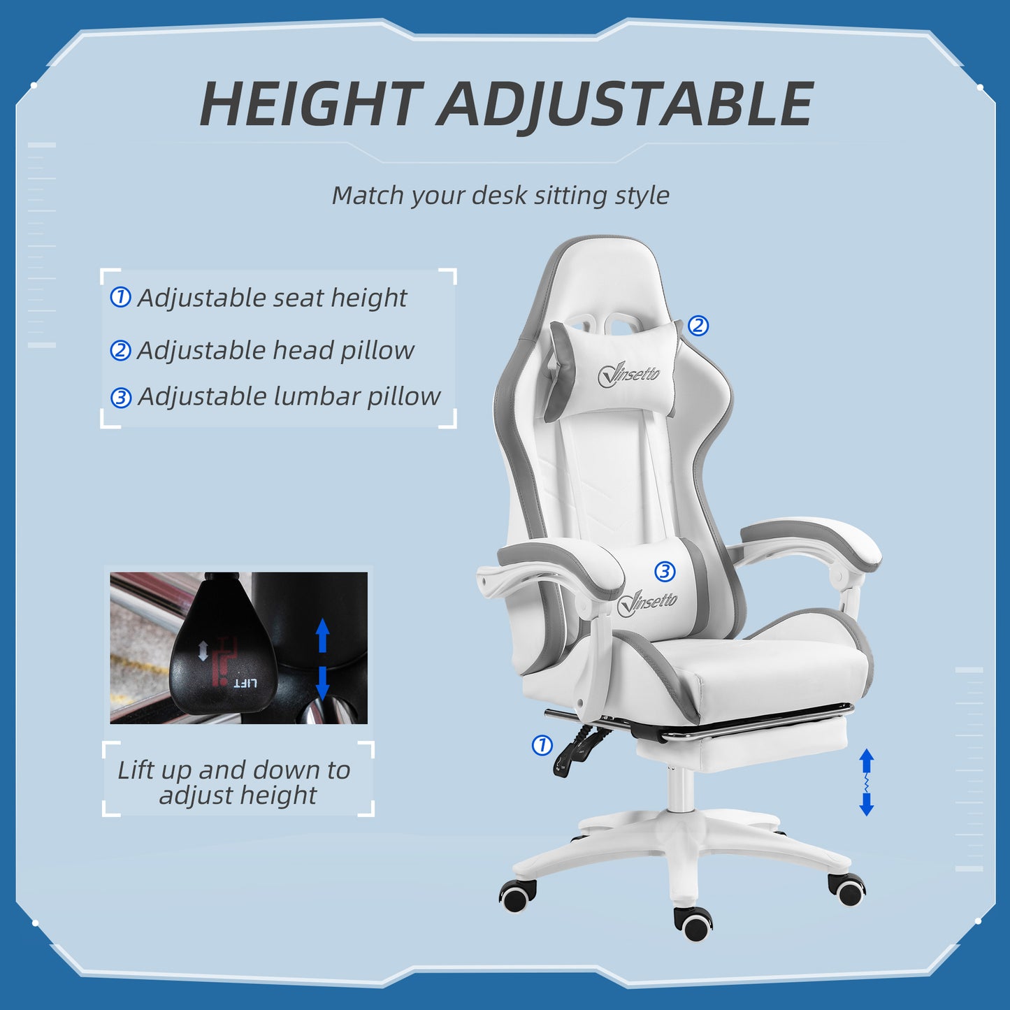 Racing Gaming Chair, Reclining PU Leather Computer Chair w/ 360 Degree Swivel Seat, Footrest, Headrest & Lumber, White | Vinsetto-2