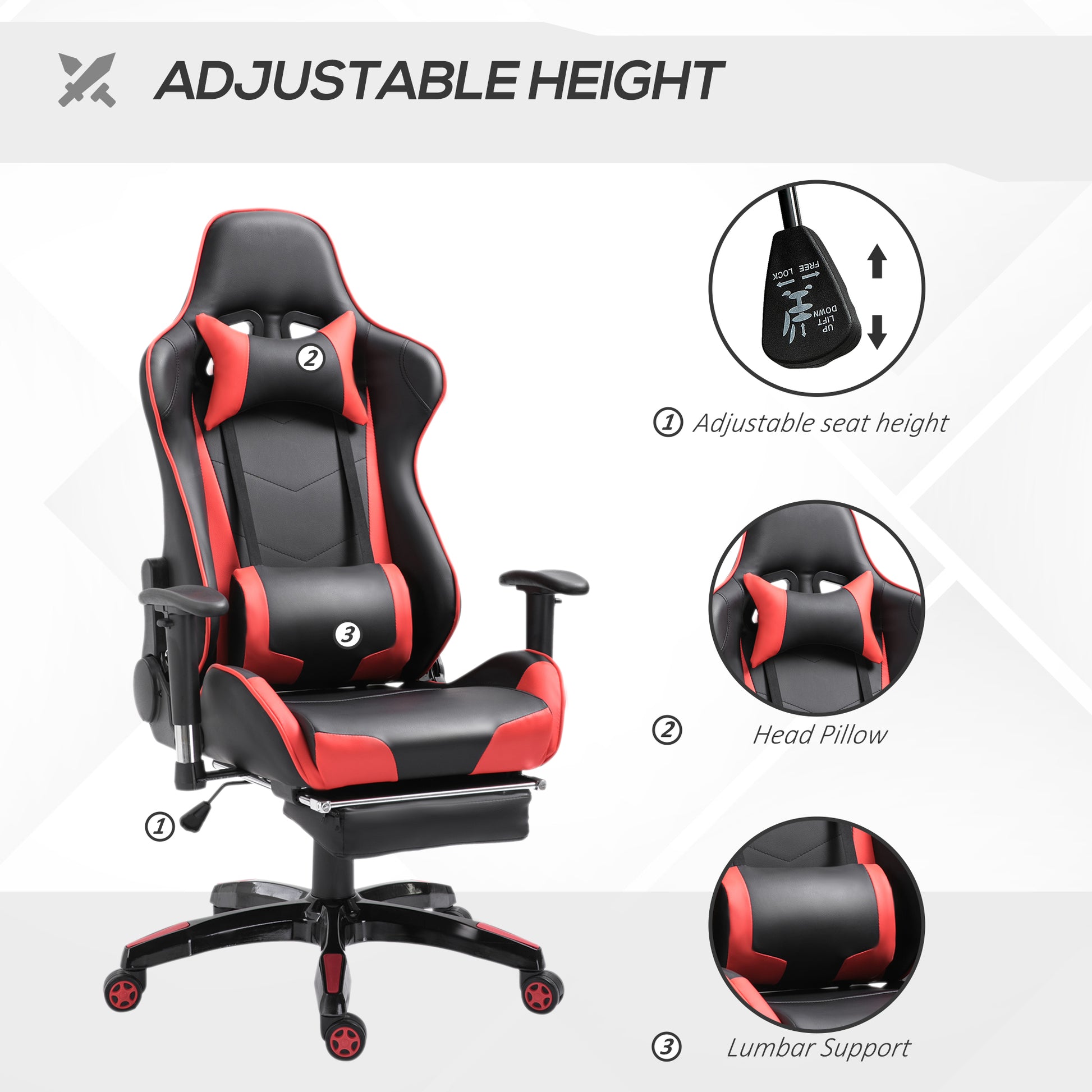 High-Back Gaming Chair Swivel Home Office Computer Racing Gamer Recliner Chair Faux Leather with Footrest, Wheels, Red Black | HOMCOM-2