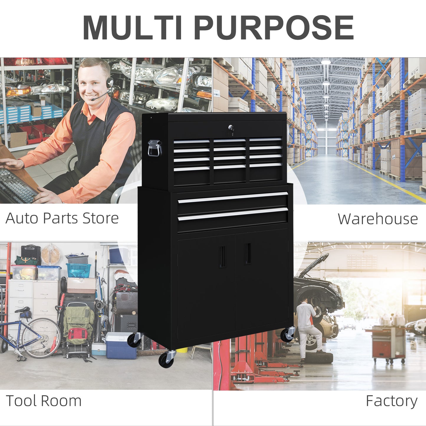 HOMCOM Portable Tool Box, Metal Tool Chest on Wheels with 6 Drawers for Garage and Workshop in Black