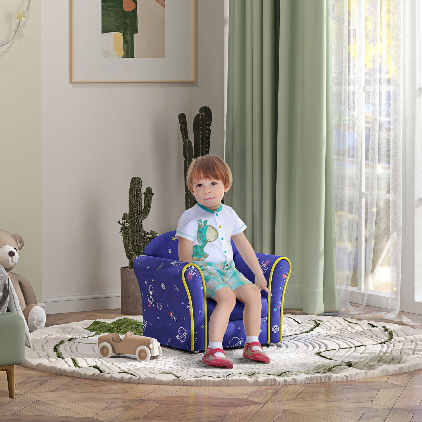 Kids Sofa Kids Couch Armchair with Stylish Planet and Dinosaurs Design, Wooden Frame, for Bedroom, Playroom, Kids Room, Pink | AIYAPLAY
