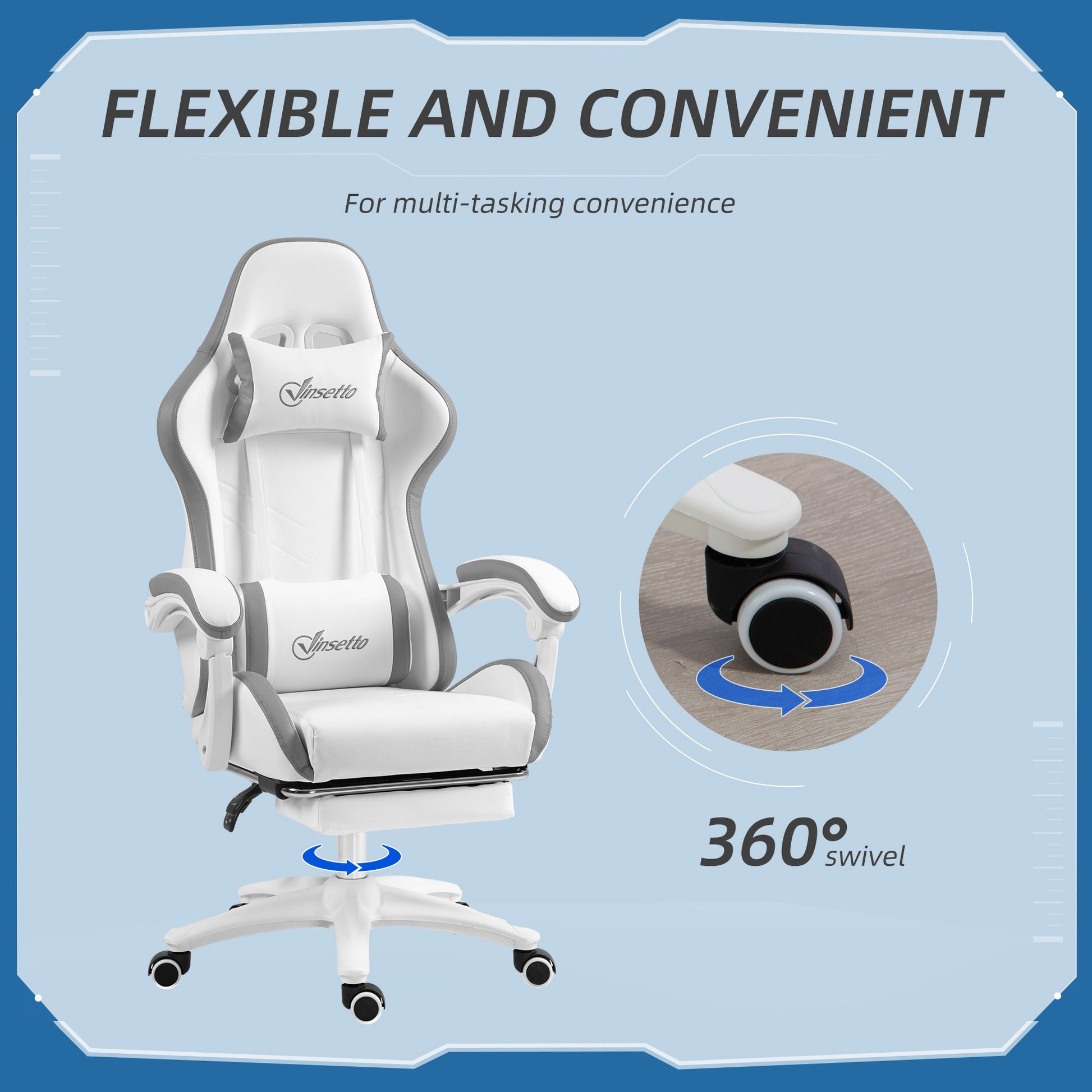 Racing Gaming Chair, Reclining PU Leather Computer Chair w/ 360 Degree Swivel Seat, Footrest, Headrest & Lumber, White | Vinsetto-4