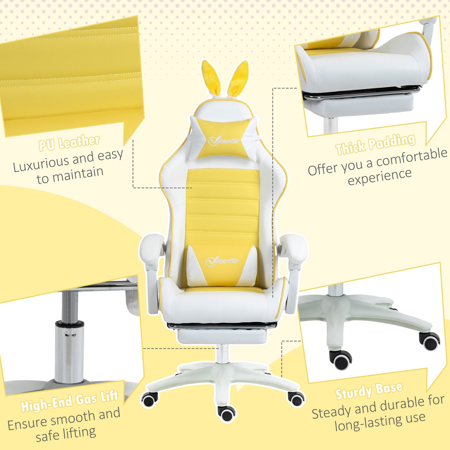 Racing Gaming Chair, Reclining PU Leather Computer Chair with Removable Rabbit Ears, Footrest, Headrest and Lumber Support, Yellow | Vinsetto-6