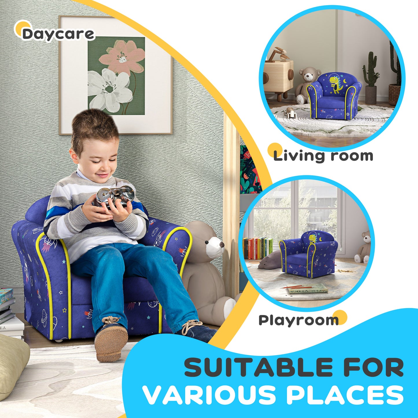 Kids Sofa Kids Couch Armchair with Stylish Planet and Dinosaurs Design, Wooden Frame, for Bedroom, Playroom, Kids Room, Pink | AIYAPLAY