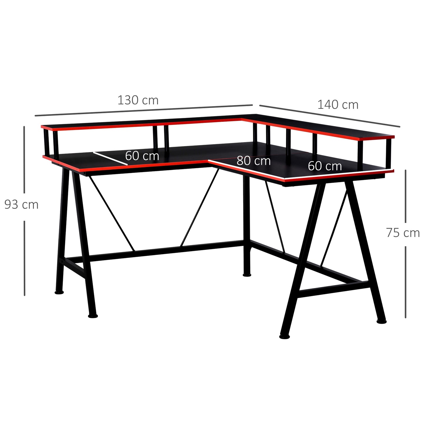 L-Shape Corner Gaming Desk Computer Table with Elevated Monitor Shelf Workstation, Black Red | HOMCOM-1