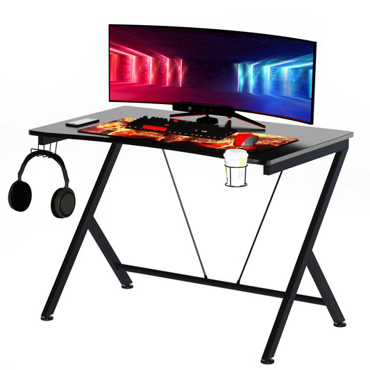 Gaming Desk Computer Table Metal Frame with Cup Holder, Headphone Hook, Cable Hole, Black by HOMCOM-0