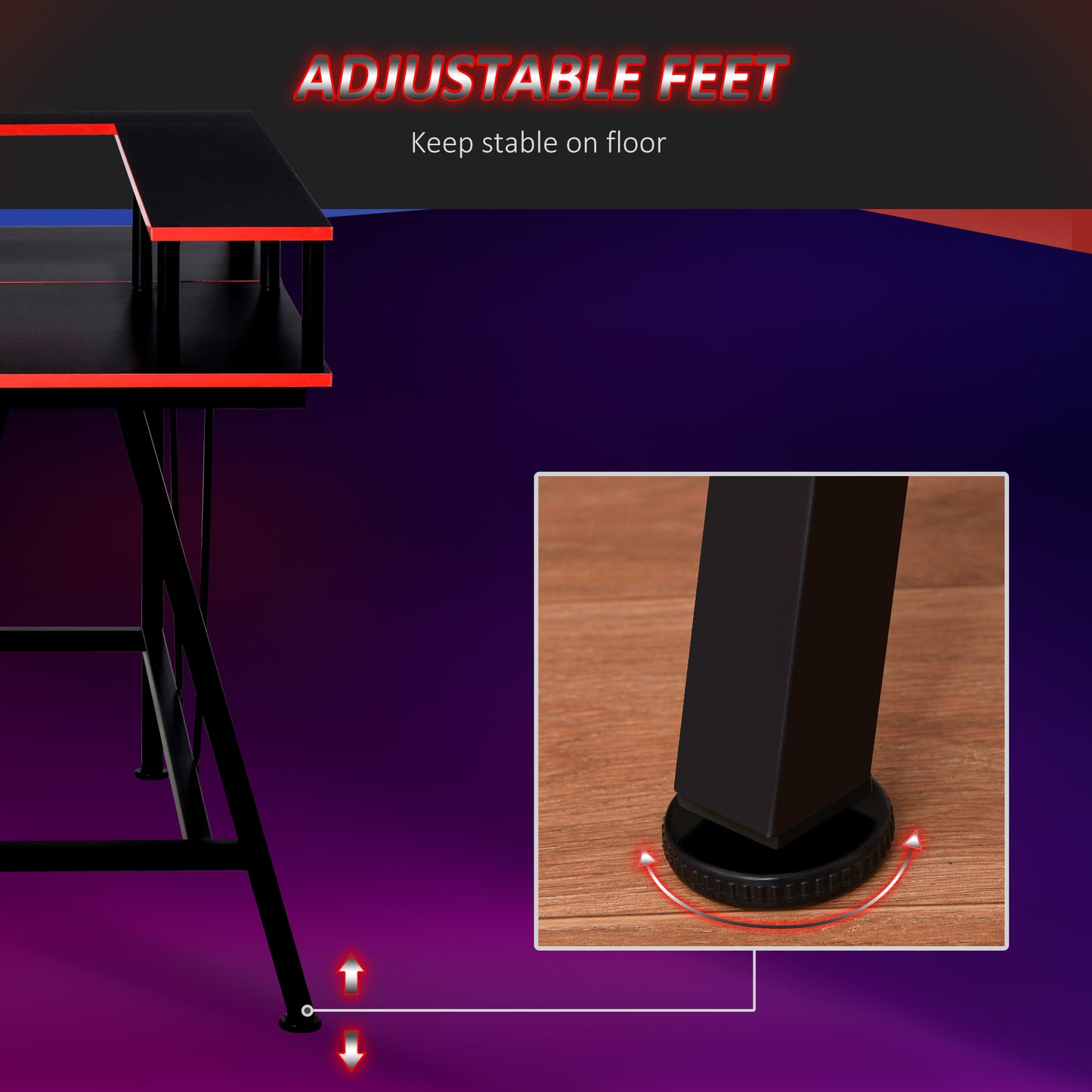L-Shape Corner Gaming Desk Computer Table with Elevated Monitor Shelf Workstation, Black Red | HOMCOM-2