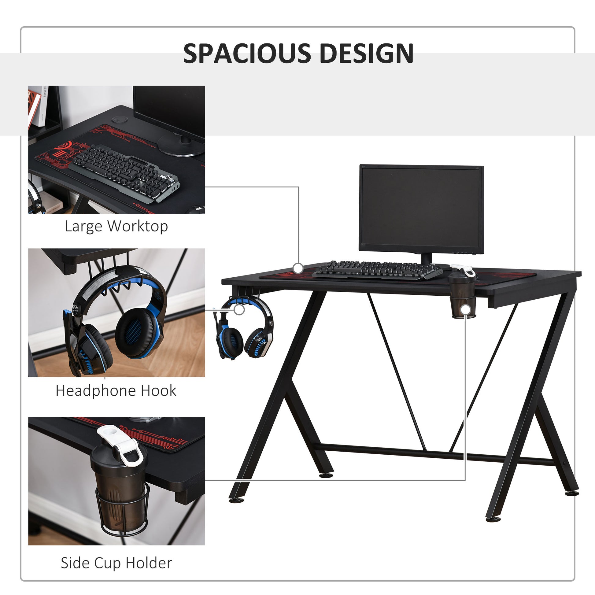 Gaming Desk Computer Table Metal Frame with Cup Holder, Headphone Hook, Cable Hole, Black by HOMCOM-2