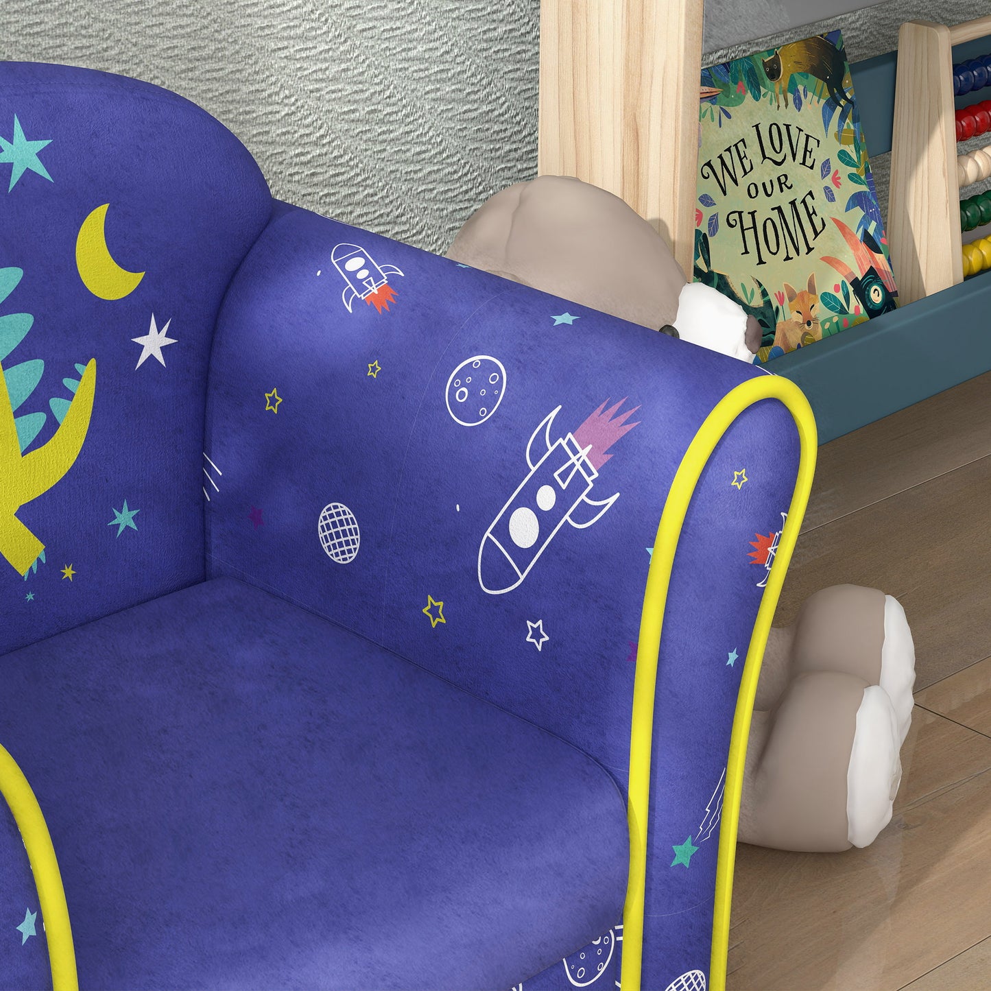 Kids Sofa Kids Couch Armchair with Stylish Planet and Dinosaurs Design, Wooden Frame, for Bedroom, Playroom, Kids Room, Pink | AIYAPLAY