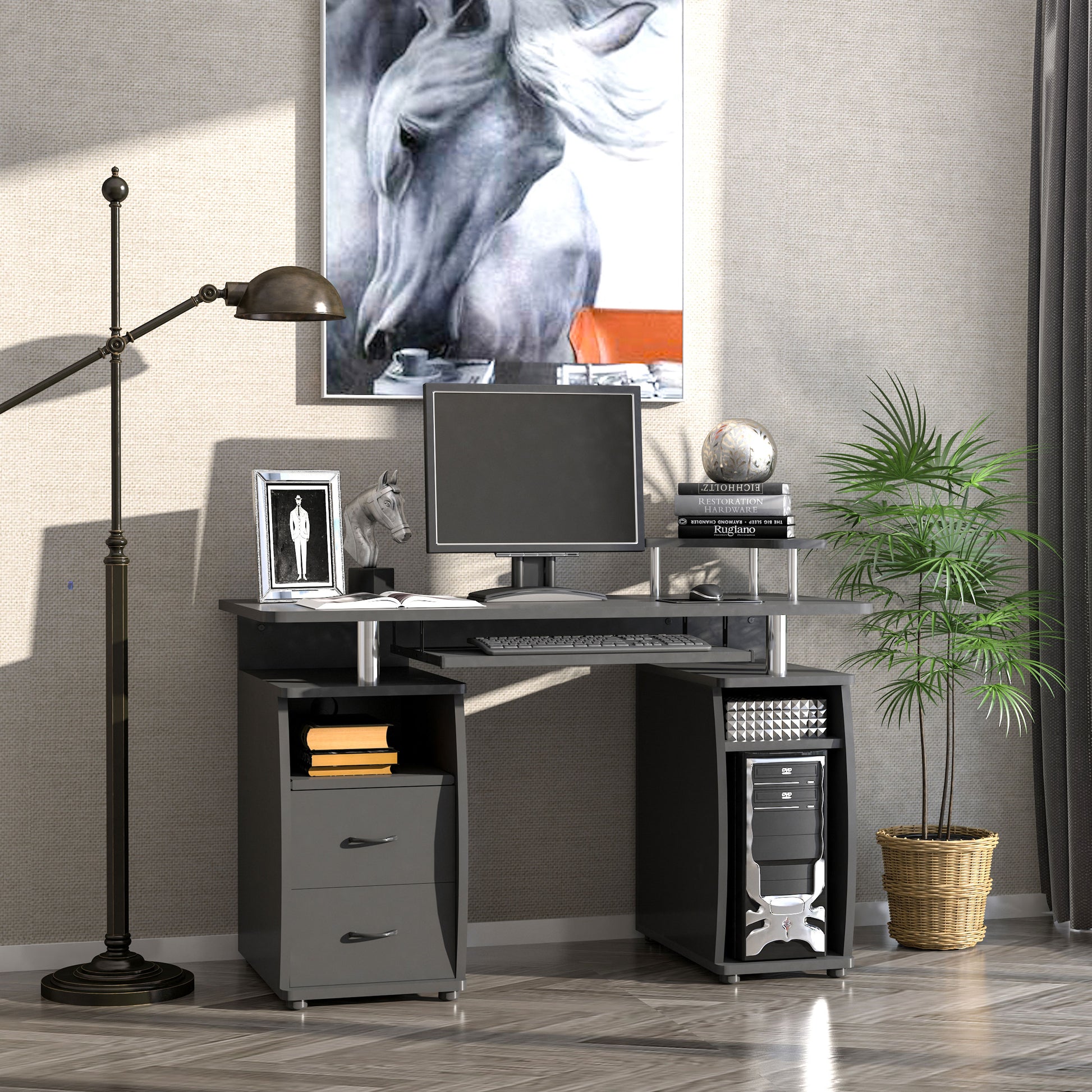 Computer Desk Office PC Table Workstation with Keyboard Tray, CPU Shelf, Drawers, Sliding Scanner Shelf in Black | HOMCOM-8