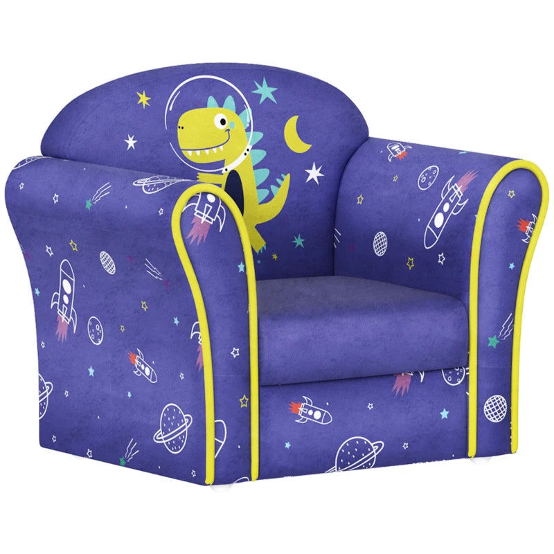Kids Sofa Kids Couch Armchair with Stylish Planet and Dinosaurs Design, Wooden Frame, for Bedroom, Playroom, Kids Room, Pink | AIYAPLAY