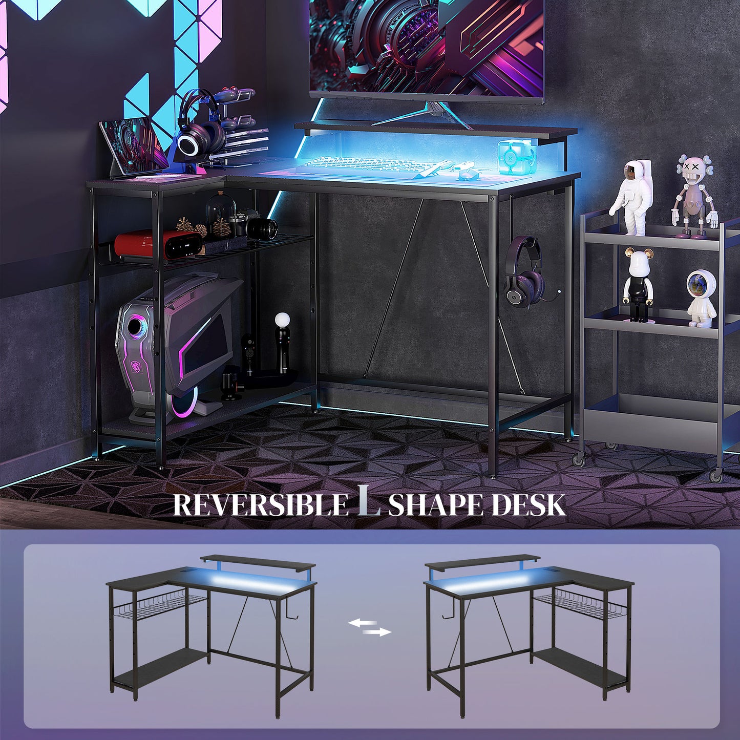 HOMCOM Reversible 'L' LED Light Gaming/Work Desk in Black-4